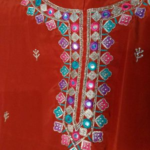 Silk geru Rust clr embroidery work with dupatta