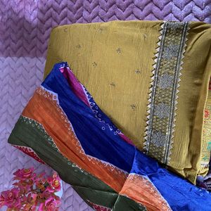 Mustard Cotton Silk Suit With Multicolored Dupatta