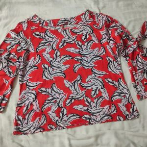 Branded Red Floral Top With Tie Up Sleeves