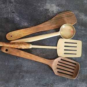 Combination Of 2 Wooden Spatulas and Steel Karchi