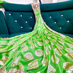 Parrot Green Pleated Saree With Blouse