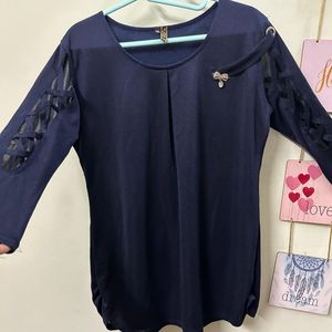 Navy Blue Embellished Top With Stylised Arm