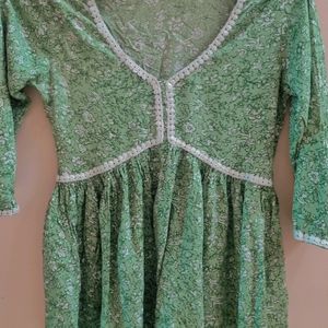 God Bless XS Cotton blend Green Printed Tunic