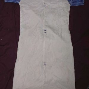 White Cotton Kurti with Blue Block Print Sleeve