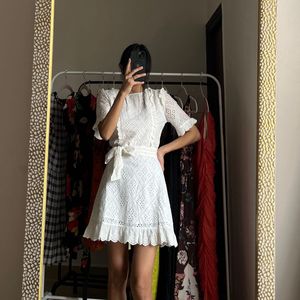 Eyelet Ruffle Hem Belted Mini Dress