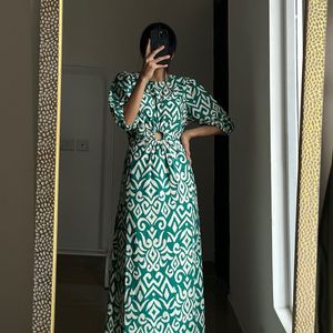 Printed Cut Out Ring Ruched Maxi Dress