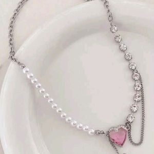 Crystal Pink Heart Pinteresty Pearl Neck Chain