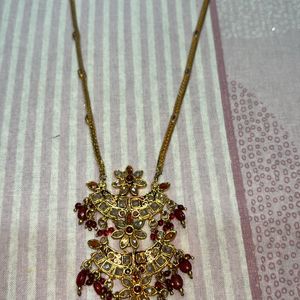 AD Double Pendant Necklace In Gold Nd Red Colour