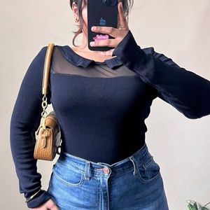 Black Mesh Work Collar Top