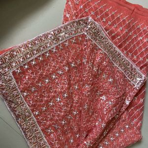 ❤🌸Beautiful Embroidered Coral Saree🎉