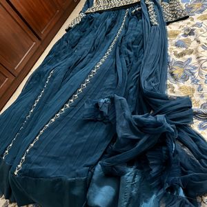 Navy Blue Ethnic Gown, Gold/Pearl Embroidery