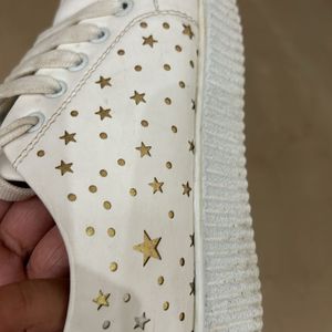 White Shoes with Cute Golden Design