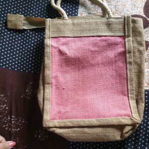 Khaki And Pink Jute Handmade Bag