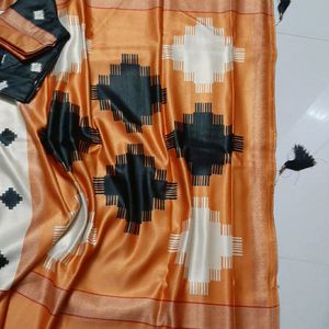 Cream White Orange Saree Black Blouse Stiched