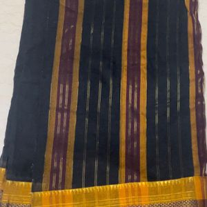 Black Mustard Saree With Woven Border And Blouse