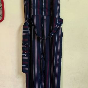 FabAlley Navy Blue Striped Belted Jumpsuit