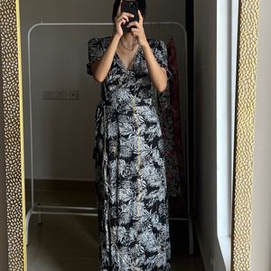 Palm Leaf Black Print Wrap Maxi Dress