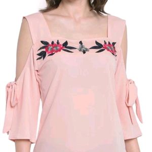 Pink Embroidery Shoulder Cut Top.