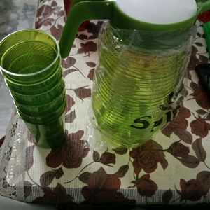 6 Pcs Glass + Jug Set Of Plastic Green Colour 💯