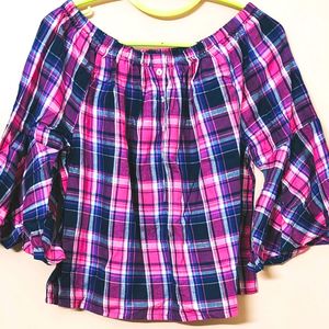 DNMX: Multicolour(pink) Checkered Off-shoulder Top