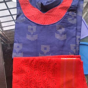 Navy Blue Kurta With Colourful Red Dupatta for Sal