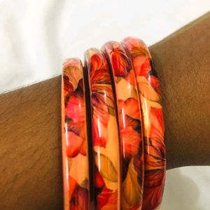 Beautiful Floral  Glass Bangles Of Pink Colour