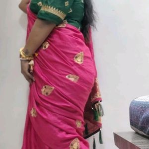 Pink Saree With Green Blouse