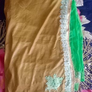 Green Chiffon Saree Pearl  With Stiched Blouse