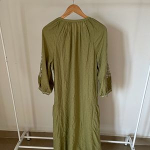 Floral Olive Embroidered Cotton Midi Shirt Dress