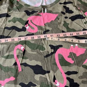 Green Army Print With Pink Flamingos T-shirt