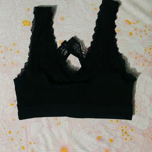 Black Front Cross Adjustable Side Buckle Lace Bra