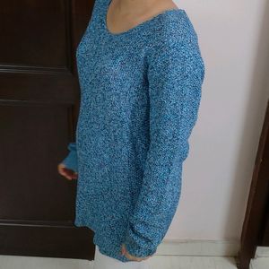 Women Blue Oversized Knitted Cotton Sweater