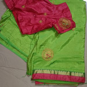 Beautyful Saree With Stitched Boat Neck Blouse