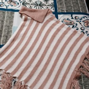 Poncho In White And Peach Color