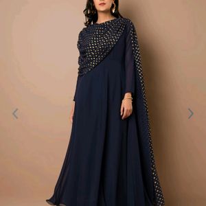 Navy Blue Floor Length Gown With Attached Dupatta