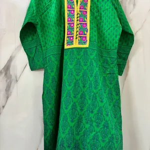 Bottle Green Kurti With Yellow Embroidery