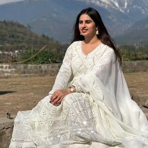 White Chickenkari Gown With Dupatta