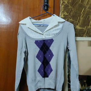 Grey Sweater Top With Shirt Attached