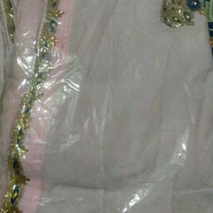 Light Pink Saree With Contrast Blue Blouse M Size