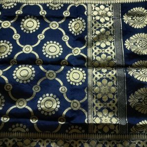 Blue Silk Dupatta With Golden Print