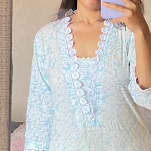 Floral blue kurti with lace border🤍🪻