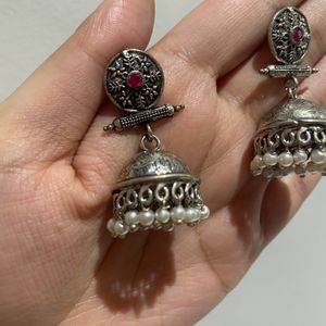 Silver Oxidised Stone Detailing Jhumkas