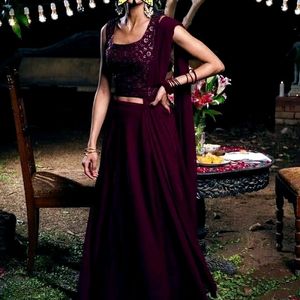 Libas Burgundy Embroidered Georgette Lehenga Set