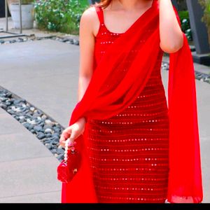 Strappy Gorgeous Red Kurta With Bottom Wear