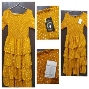 Yellow Polka Dot Smoked Midi Dress