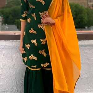 Dark Green Printed Kurta With Sharara & Dupatta