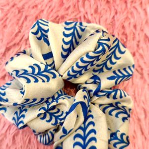 Blue And White Satin Scrunchie