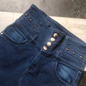 High Waist Navy Blue 4 Buttons Skinny Jeans