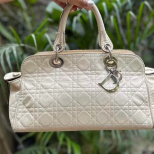 Auth Dior Cream Leather Cannage Top Handle Bag