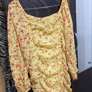 Yellow Ruched Floral Dress